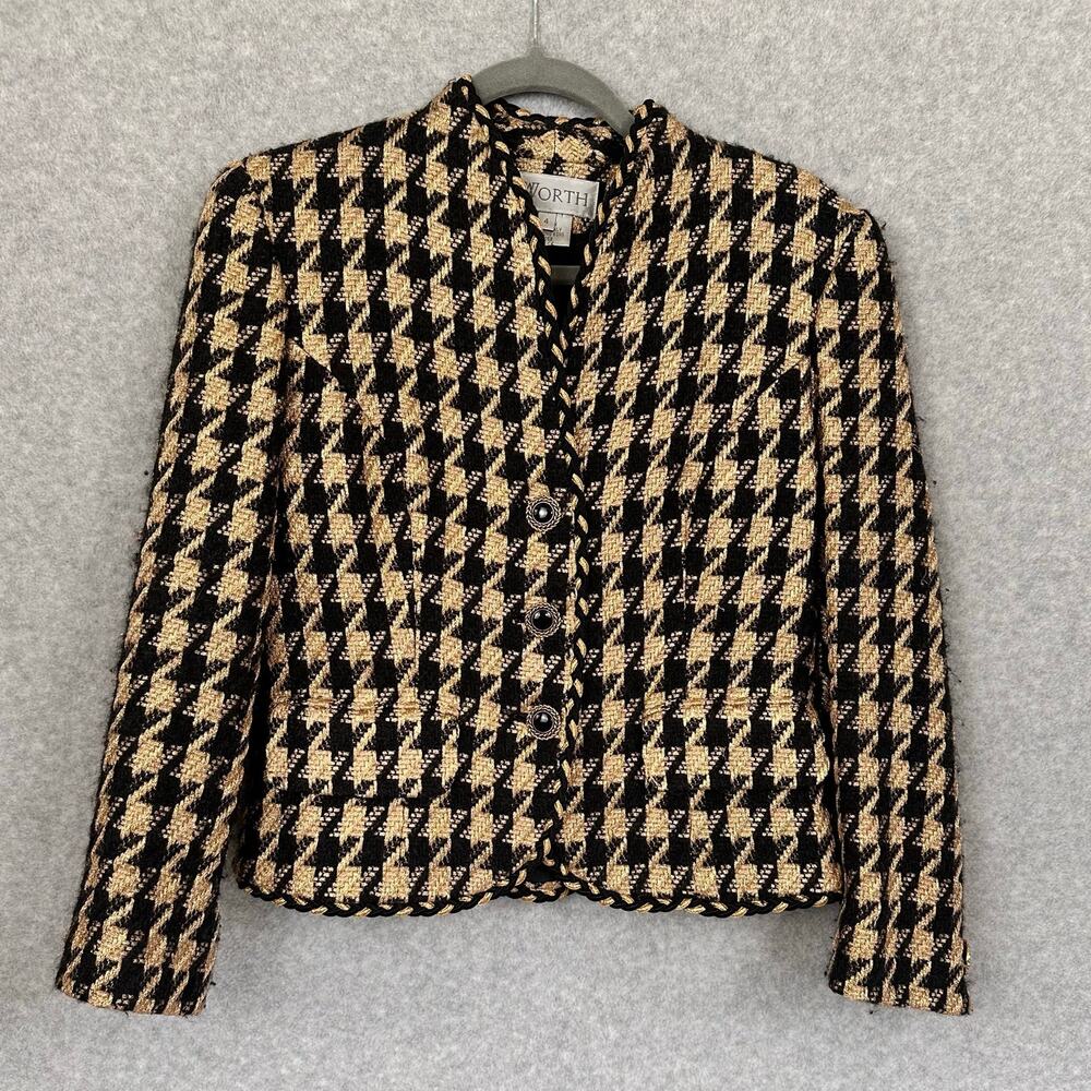 WORTH Tweed Houndstooth Blazer Size 4 Black Gold Wool Lurex Old Money Luxury